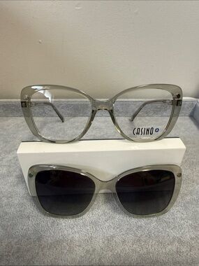 NWT CASINO Nadia Transparent Mint Green Cat-Eye Glasses with clip on sunglasses